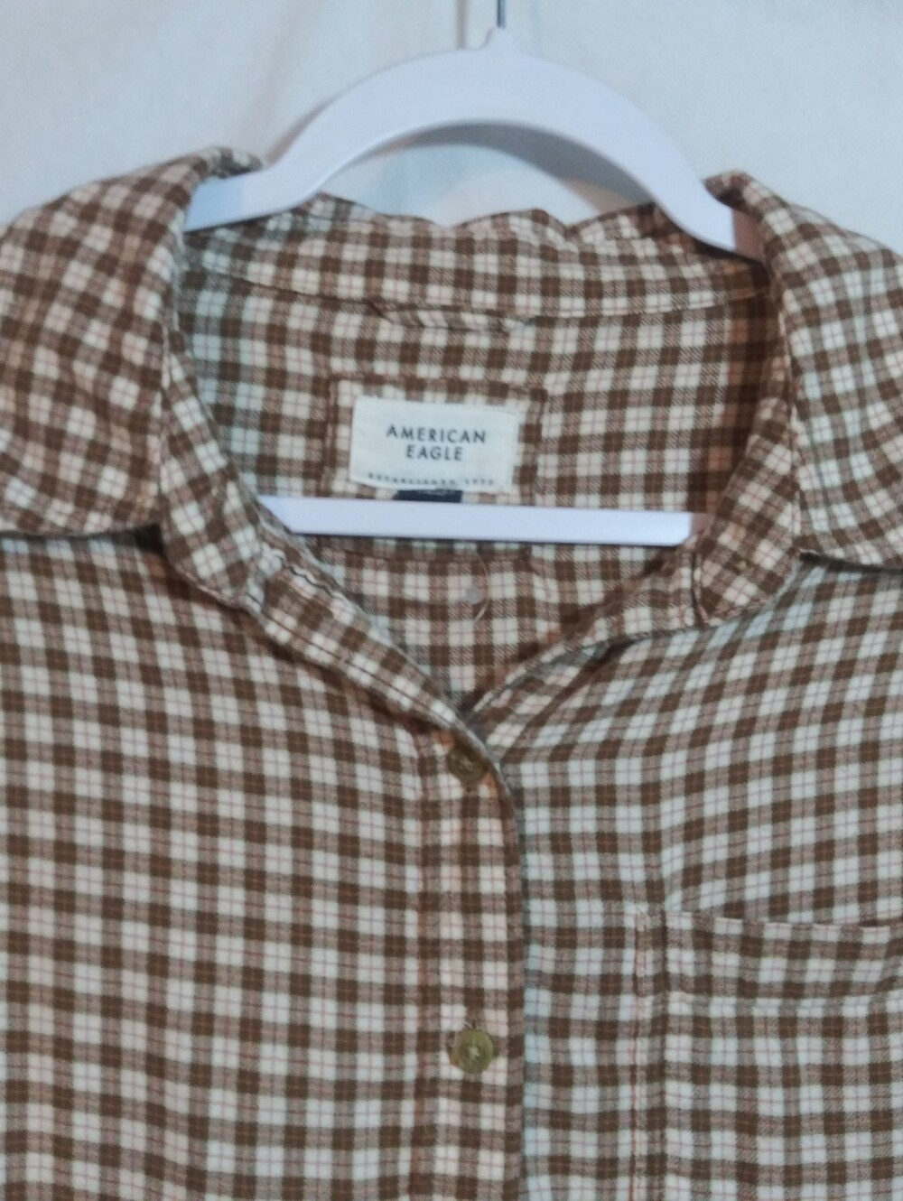 American Eagle Soft Plaid Button-Up Shirt in Brown Cream Oversized Relaxed Sz S - Picture 2 of 7